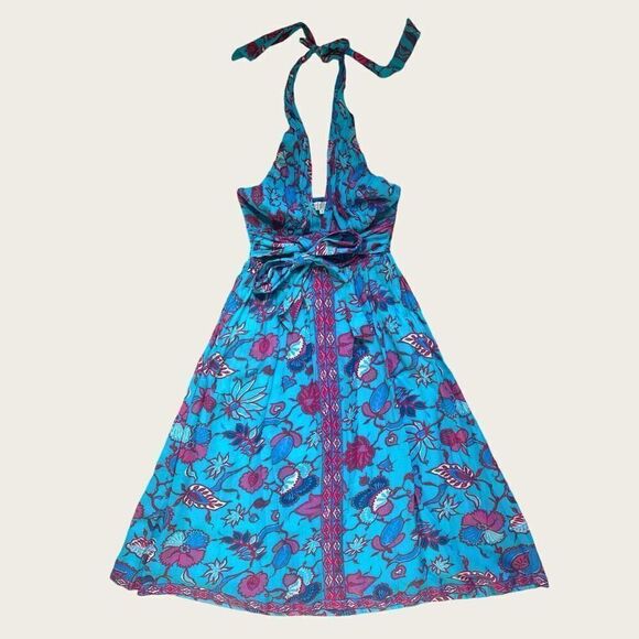 NWT Caroline Constas Criss Cross Halter Floral Maxi Cotton Dress Size M Turquois - Picture 2 of 6
